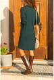 Kadın Yeşil Polo Yaka Salaş Kendinden Desenli Simli Elbise GK-BST2988
