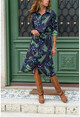 Kadın Yeşil Yaprak Desenli Gömlek Elbise GK-BST30kT4011-1390