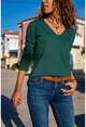 Womens Emerald Green V-Neck Slim Knitted Basic Sweater GK-JR225