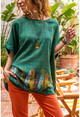 Womens Emerald Green Washed Linen Skirt Feather Printed Loose Blouse GK-RSD2035