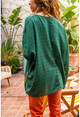 Kadın Zümrüt Yeşili Yıkamalı Keten Eteği Tüy Baskılı Salaş Bluz GK-RSD2035