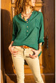 Womens Emerald Green Washed Linen Half Pop Loose Blouse GK-RSD2020