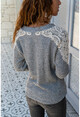 Gray Shoulder Lace V Neck Sweater Gk-Bst2812