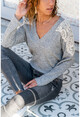 Gray Shoulder Lace V Neck Sweater Gk-Bst2812