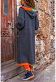 Kadın Antrasit Kapüşonlu Cepli Garnili Düğmeli Uzun Salaş Ceket Hırka GK-CCK1486