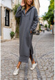 Womens Anthracite Hooded Zippered Inner Fleece Oversize Sweat Dress GK-TD1985