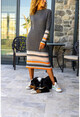 Kadın Antrasit Kendinden Desenli Diz Altı Triko Elbise Cck1487
