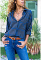 Kadın Antrasit-Mavi Kendinden Desenli Yumuşak Dokulu Oversize Gömlek Bst3268