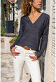 Womens Anthracite V-Neck Self-Textured Basic Blouse GK-BST3191