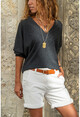 Womens Anthracite V Neck Slanting Loose Blouse GK-BST2969