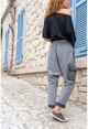 Kadın Antrasit Yıkamalı Beli Lastikli Cepli Salaş Şalvar Pantolon RSD3003