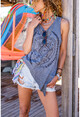 Womens Anthracite Washed Ethnic Printed Asymmetrical Cut Sleeveless Loose T-Shirt Rsd3026