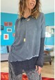 Kadın Antrasit Yıkamalı File Detaylı Asimetrik Kesim Kapüşonlu Oversize Salaş Sweatshirt Rsd3060
