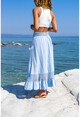 Womens Bebe Blue Washed Linen Waist Gipe Elastic Mesh Detailed Flywheel Loose Long Skirt Rsd3028