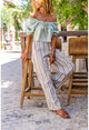 Womens Beige Waist Elastic Pocket Striped Loose Linen Trousers Bst3258