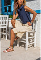 Womens Beige Elastic Waist Self Textured Side Buttons Pocketed Bermuda Shorts Bst3146