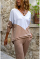 Womens Beige-White V-Neck Color Block Soft Textured Loose Blouse BST3167