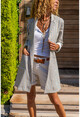 Womens Beige Pocket Asymmetrical Striped Long Boyfriend Jacket Bst3272