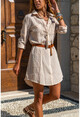 Womens Beige Double Pocket Striped Shirt Dress GK-BST2916