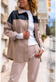 Kadın Bej Deri Garnili Sırtı Baskılı Kaşe Oversize Ceket Gömlek Bst3289