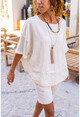 Womens Beige Mesh Detailed Bat Sleeve Loose Blouse RSD2077