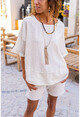 Womens Beige Mesh Detailed Bat Sleeve Loose Blouse RSD2077