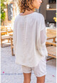 Womens Beige Mesh Detailed Bat Sleeve Loose Blouse RSD2077