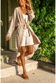 Womens Beige Straw Detailed Belted Loose Knitwear BST3160