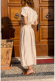 Womens Beige Linen Long Dress With Front Slit Self Belt Bst3221