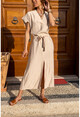 Womens Beige Linen Long Dress With Front Slit Self Belt Bst3221