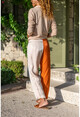 Kadın Bej-Kiremit Color Block Kemerli Parlak Pantolon BST3133