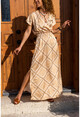 Womens Beige Double Breasted Long Satin Dress Bst3239