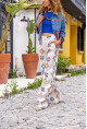 Kadın Bej-Mavi Keten Yüksek Bel Düğmeli Cepli Bol Paça Salaş Pantolon Bst3359