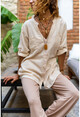 Womens Beige Sequin Embroidered Washed Linen Pocket Loose Shirt RSD2080