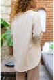 Womens Beige Sequin Embroidered Washed Linen Pocket Loose Shirt RSD2080