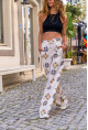 Kadın Bej-Siyah Keten Yüksek Bel Düğmeli Cepli Bol Paça Salaş Pantolon Bst3359