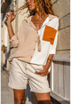 Womens Beige Single Pocket Color Block Loose Shirt BST3071