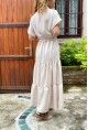 Kadın Bej Yarım Patlı Eteği Piliseli Kendinden Kemerli Salaş Elbise Bst3336