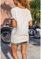 Kadın Bej Yıkamalı Kaplan Baskılı Salaş T-Shirt RSD2078