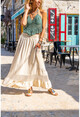 Womens Beige Washed Linen Waist Gipe Elastic Mesh Detailed Flywheel Loose Long Skirt Rsd3028