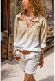 Womens Beige Washed Linen Gradient Half Pat Blouse Gk-Rsd3009