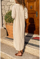 Kadın Bej Yıkamalı Keten Yarım Patlı Cepli Elbise GK-RSD2083