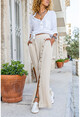 Womens Beige Washed Linen Slit Waist Elastic Button Loose Trousers Rsd3022