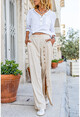 Womens Beige Washed Linen Slit Waist Elastic Button Loose Trousers Rsd3022