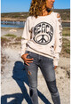 Kadın Bej Yıkamalı Yırtıklı Pul İşlemeli Sweatshirt Rsdy110
