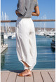 Kadın Beyaz Beli Lastikli Paçası Düğmeli Fileli Keten Şalvar Pantolon Rsd3038