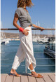 Womens White Waist Elastic Waist Buttoned Mesh Linen Shalwar Trousers Rsd3038