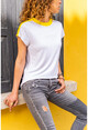 Kadın Beyaz Color Block Omzu Garnili T-Shirt Bst3229