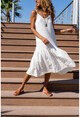 Womens White Scalloped Halter Skirt Pleated Loose Dress Rsd3036