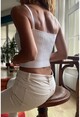 Kadın Beyaz Kendinden Desenli Askılı Crop Bluz Cm251